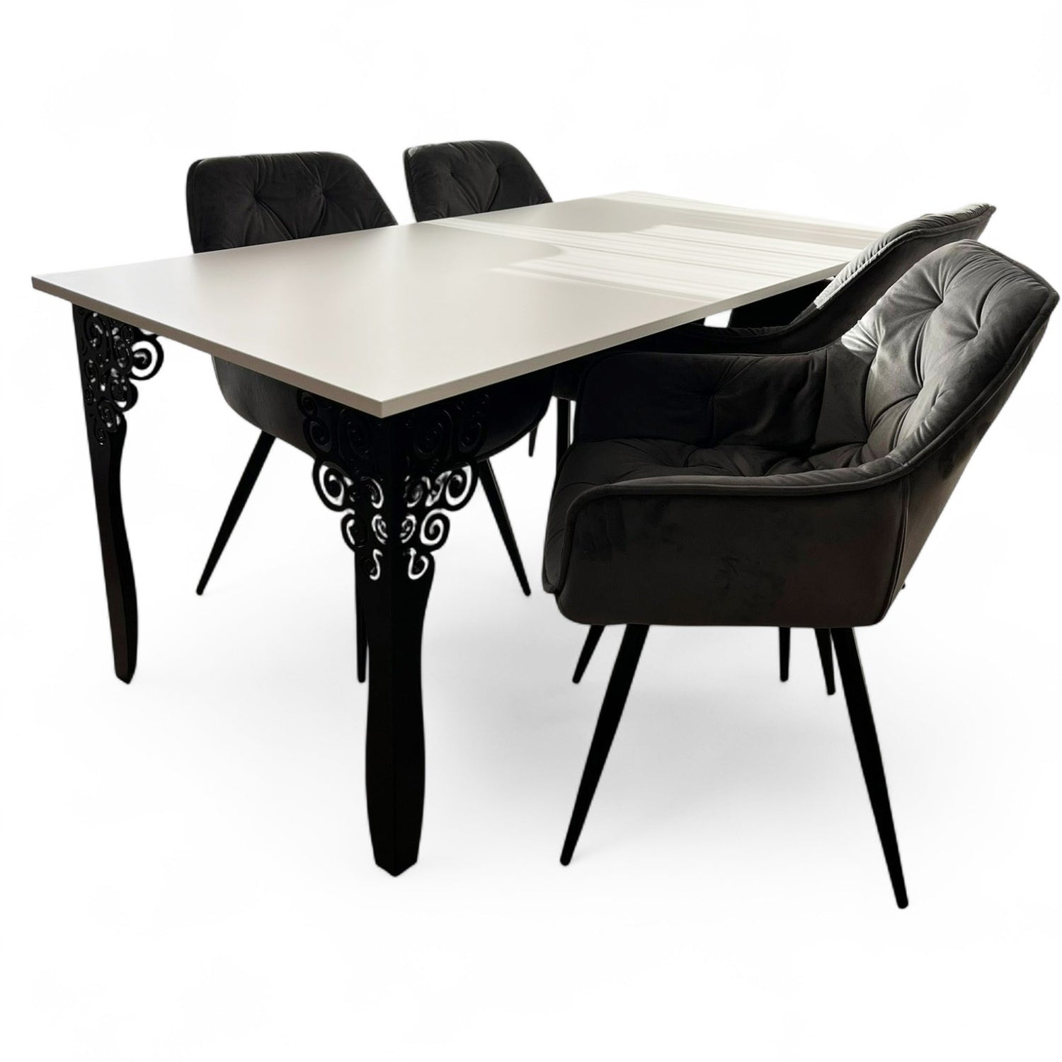 Set masa cu scaune bucatarie, dining, living, sufragerie, blat din pal cu picioare metalice, scaune husa catifea gri, 4 persoane, Antonia