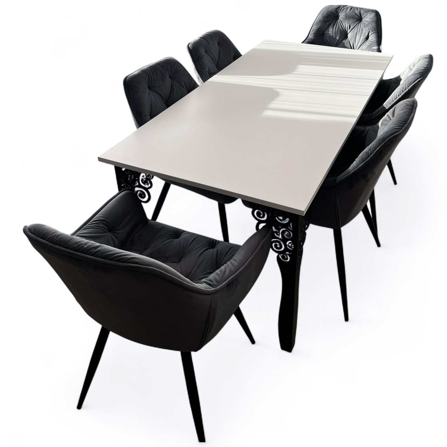 Set masa cu scaune bucatarie, dining, living, sufragerie, blat alb cu picioare metalice negre, scaune husa catifea gri, 6 persoane, Iasmina