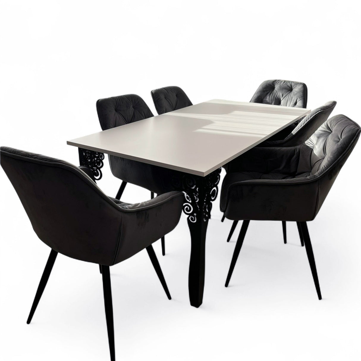 Set masa cu scaune bucatarie, dining, living, sufragerie, blat alb cu picioare metalice negre, scaune husa catifea gri, 6 persoane, Iasmina