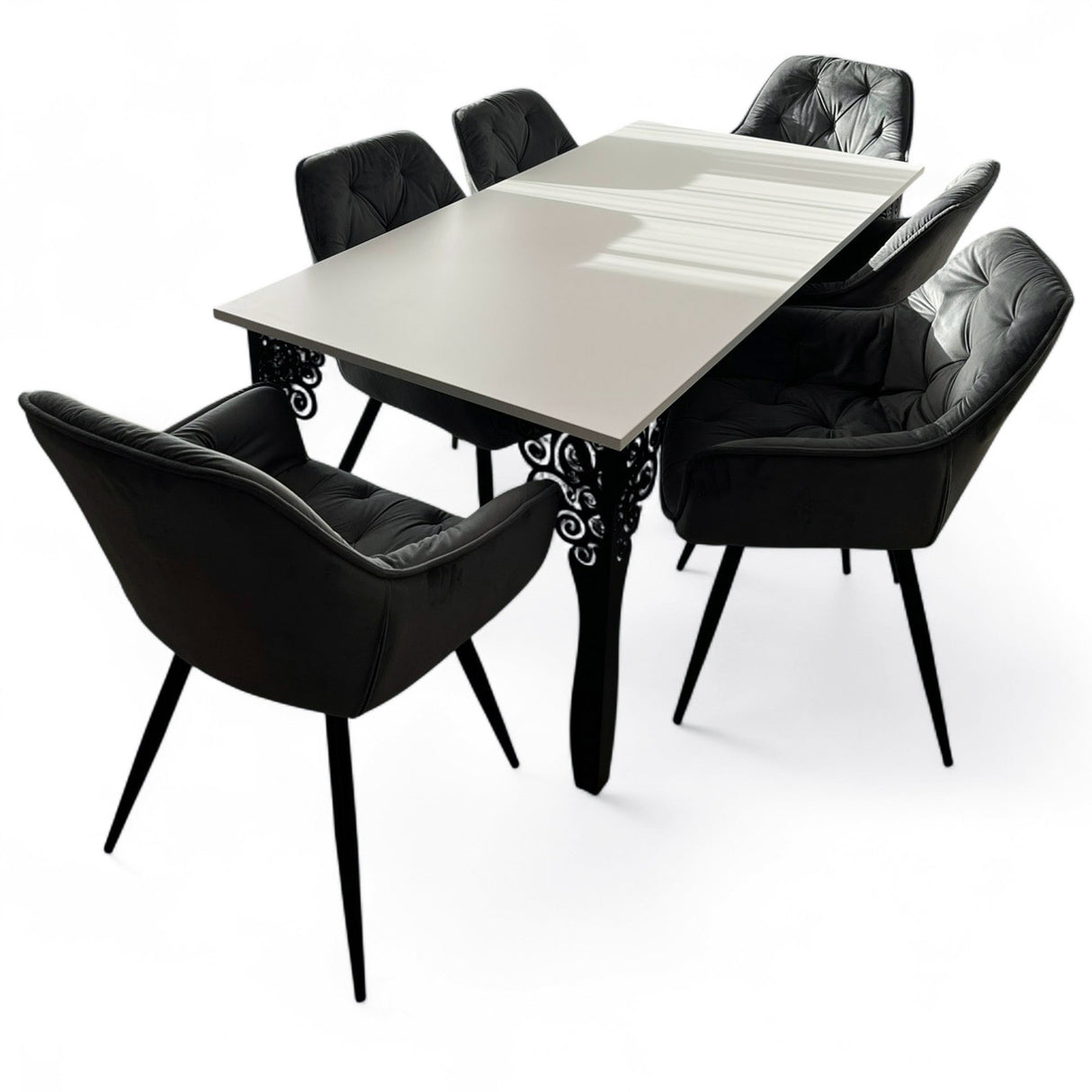Set masa cu scaune bucatarie, dining, living, sufragerie, blat alb cu picioare metalice negre, scaune husa catifea gri, 6 persoane, Iasmina