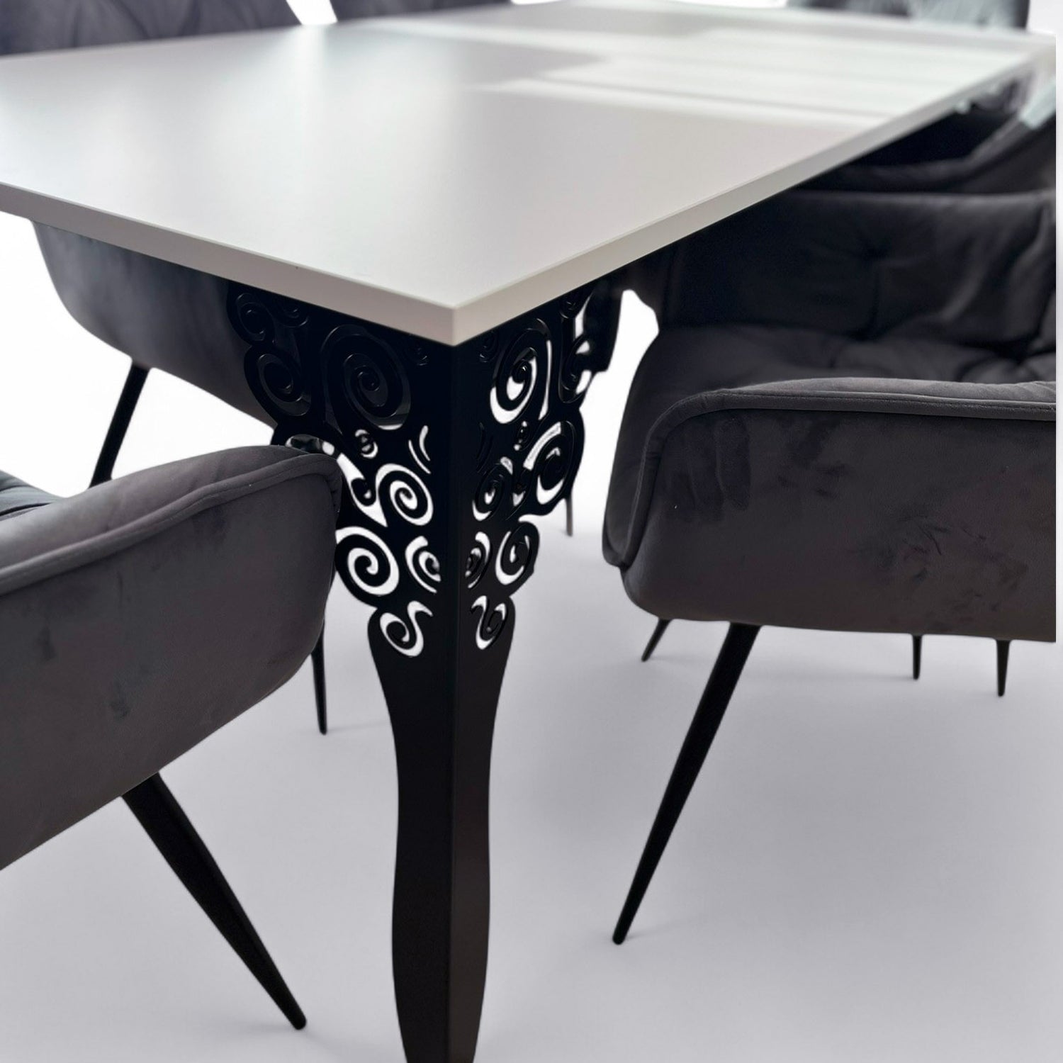 Set masa cu scaune bucatarie, dining, living, sufragerie, blat din pal cu picioare metalice, scaune husa catifea gri, 4 persoane, Antonia