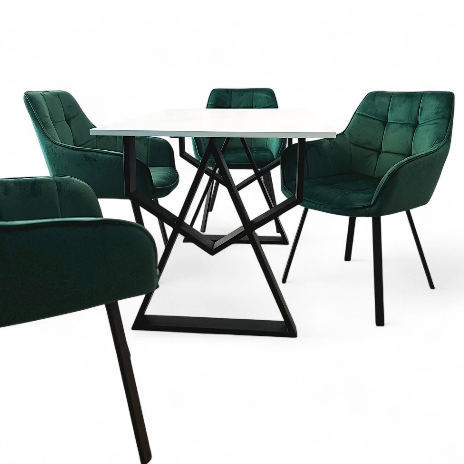 Set masa cu scaune bucatarie, dining, living, sufragerie, blat alb cu picioare metalice, scaune husa catifea verde, 4 persoane, ADELA