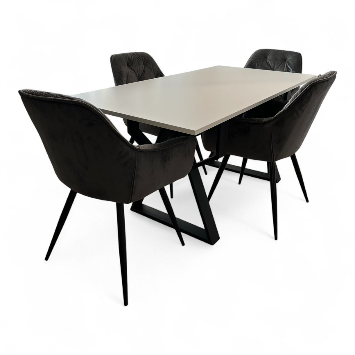Set masa cu scaune bucatarie, dining, living, sufragerie, blat din pal cu picioare metalice, scaune husa catifea gri, 4 persoane, Alina