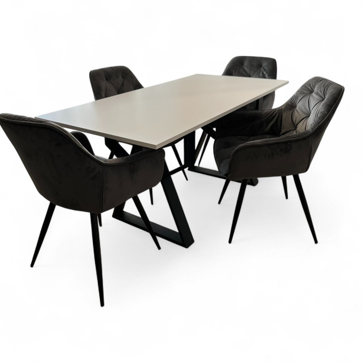 Set masa cu scaune bucatarie, dining, living, sufragerie, blat din pal cu picioare metalice, scaune husa catifea gri, 4 persoane, Alina