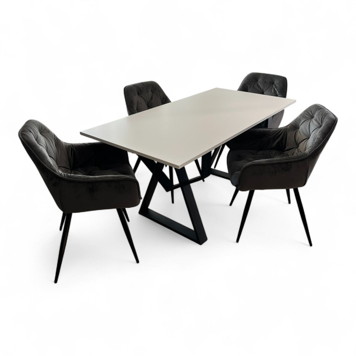 Set masa cu scaune bucatarie, dining, living, sufragerie, blat din pal cu picioare metalice, scaune husa catifea gri, 4 persoane, Alina