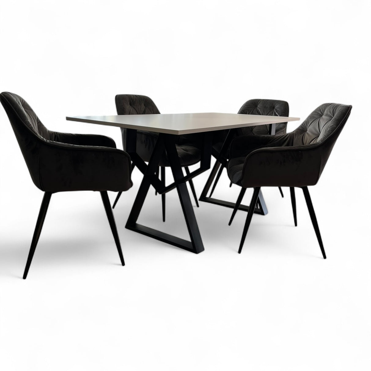 Set masa cu scaune bucatarie, dining, living, sufragerie, blat din pal cu picioare metalice, scaune husa catifea gri, 4 persoane, Alina