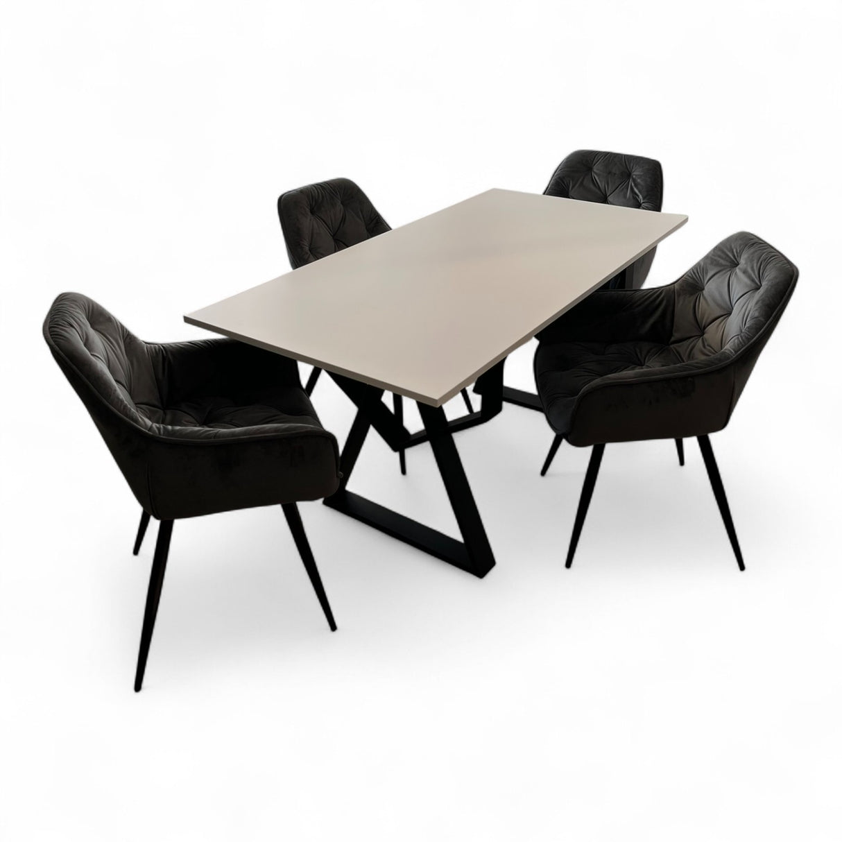 Set masa cu scaune bucatarie, dining, living, sufragerie, blat din pal cu picioare metalice, scaune husa catifea gri, 4 persoane, Alina