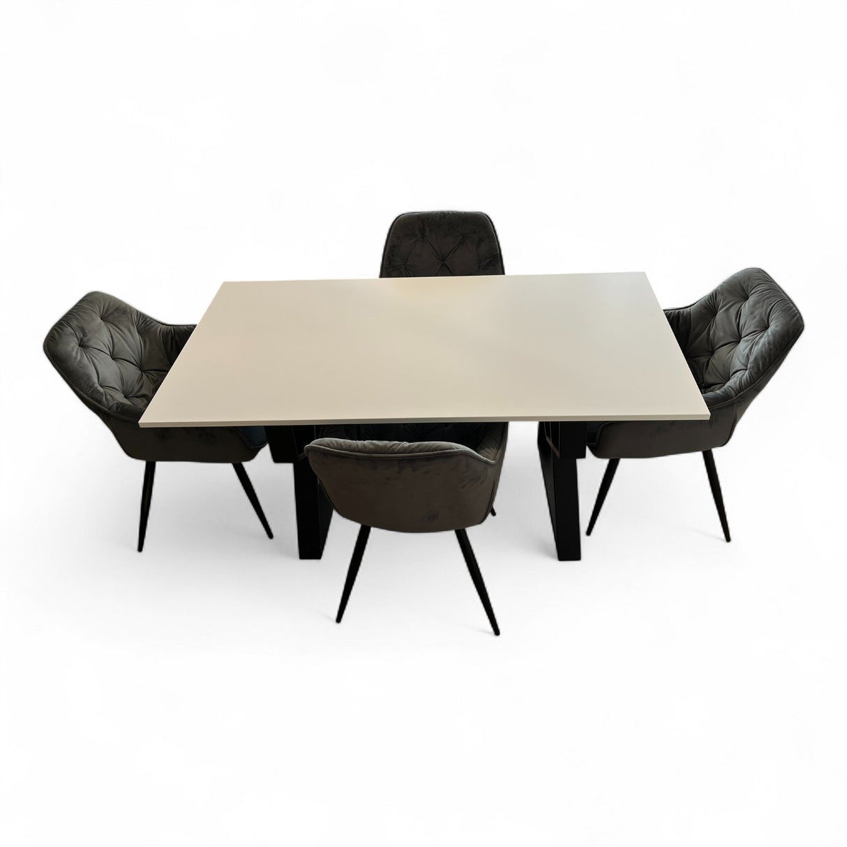Set masa cu scaune bucatarie, dining, living, sufragerie, blat din pal cu picioare metalice, scaune husa catifea gri, 4 persoane, Alina