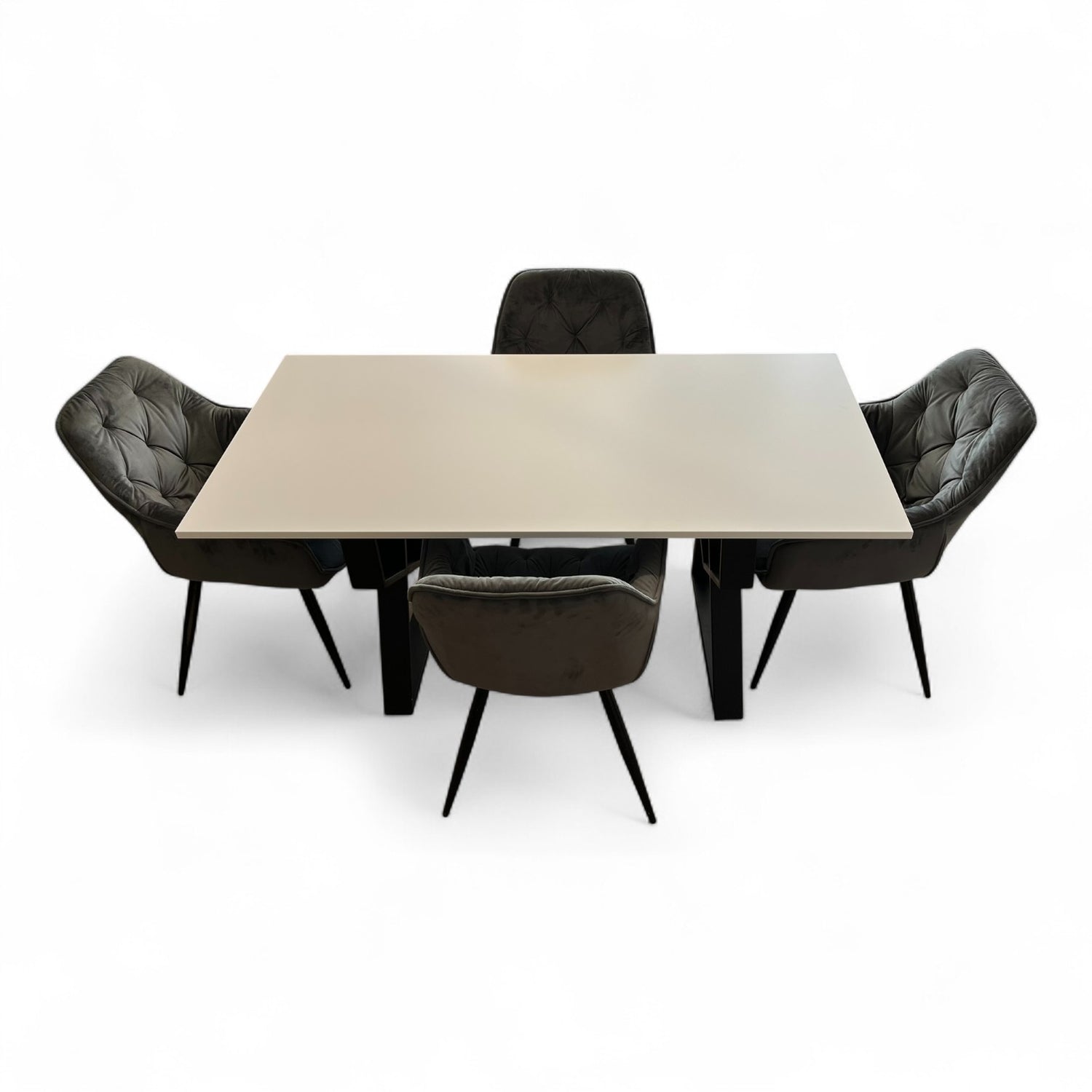 Set masa cu scaune bucatarie, dining, living, sufragerie, blat din pal cu picioare metalice, scaune husa catifea gri, 4 persoane, Alina