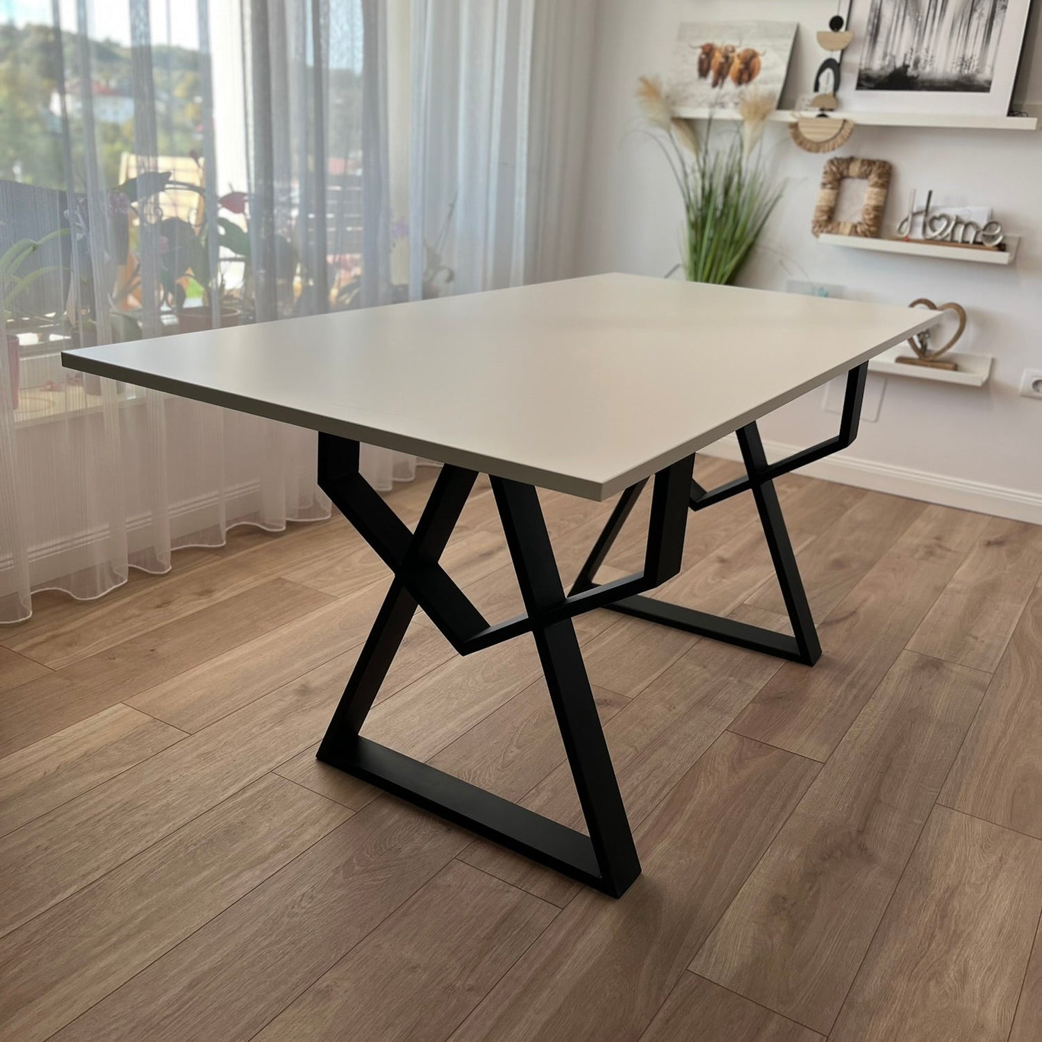 Set masa cu scaune bucatarie, dining, living, sufragerie, blat bej cu picioare metalice,  scaune husa gri ,4 persoane, DANA