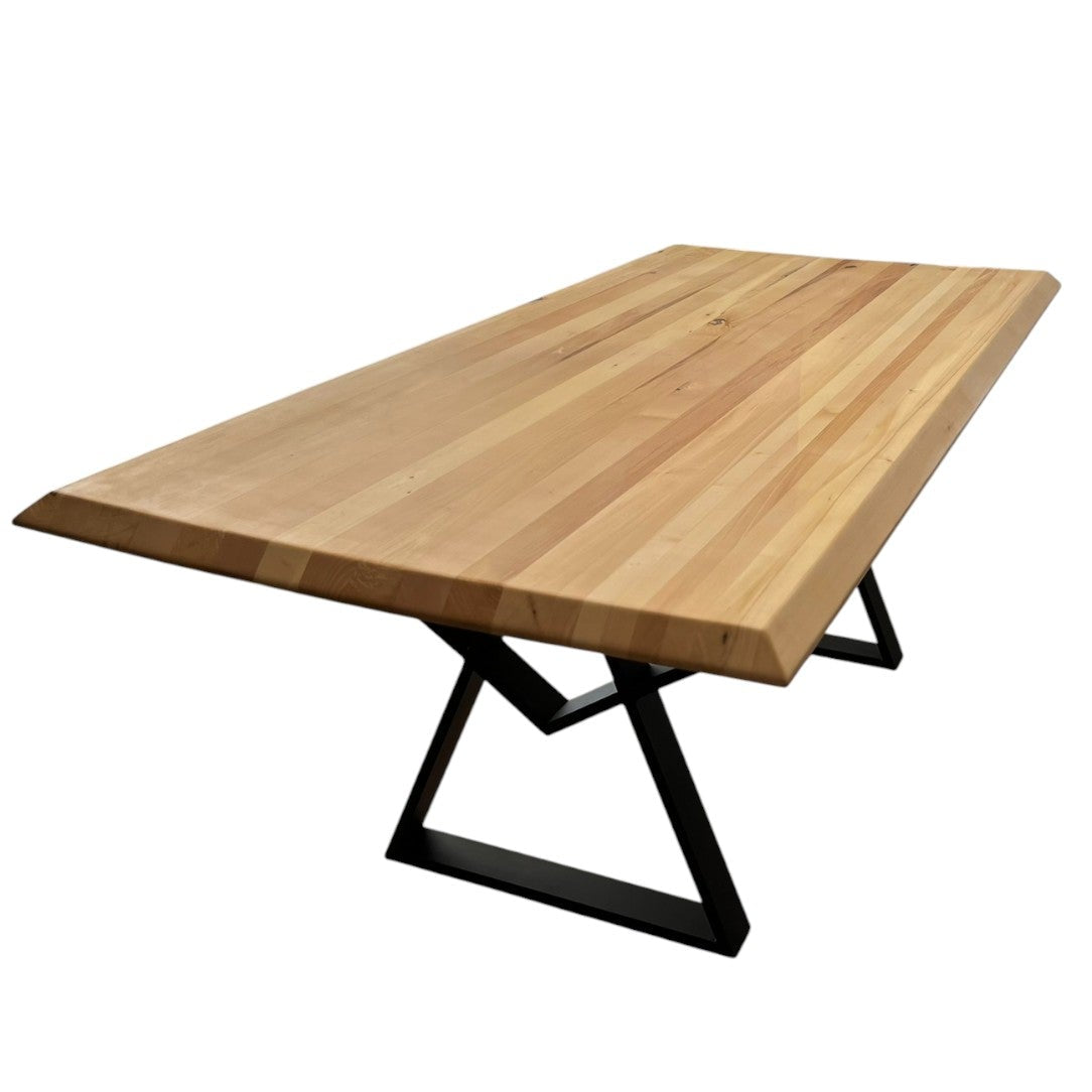 Set masa cu scaune bucatarie, dining,living, sufragerie, blat din lemn masiv cu picioare metalice, scaune husa gri, 6 persoane, IOANA