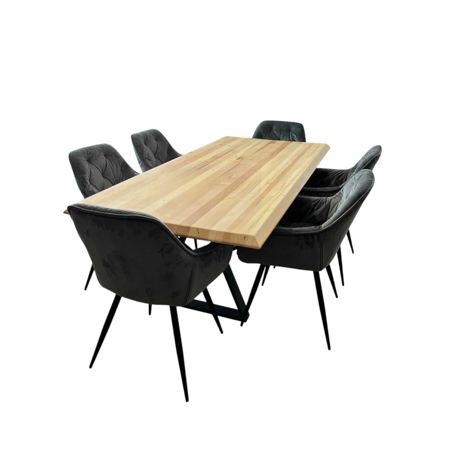 Set masa cu scaune bucatarie, dining,living, sufragerie, blat din lemn masiv cu picioare metalice moderne,scaune gri, 6 persoane, set Bianca
