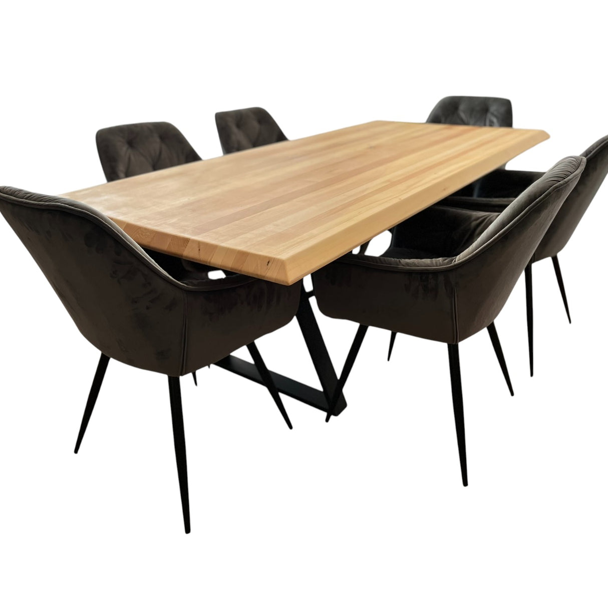 Set masa cu scaune bucatarie, dining,living, sufragerie, blat din lemn masiv cu picioare metalice, scaune husa gri, 6 persoane, IOANA