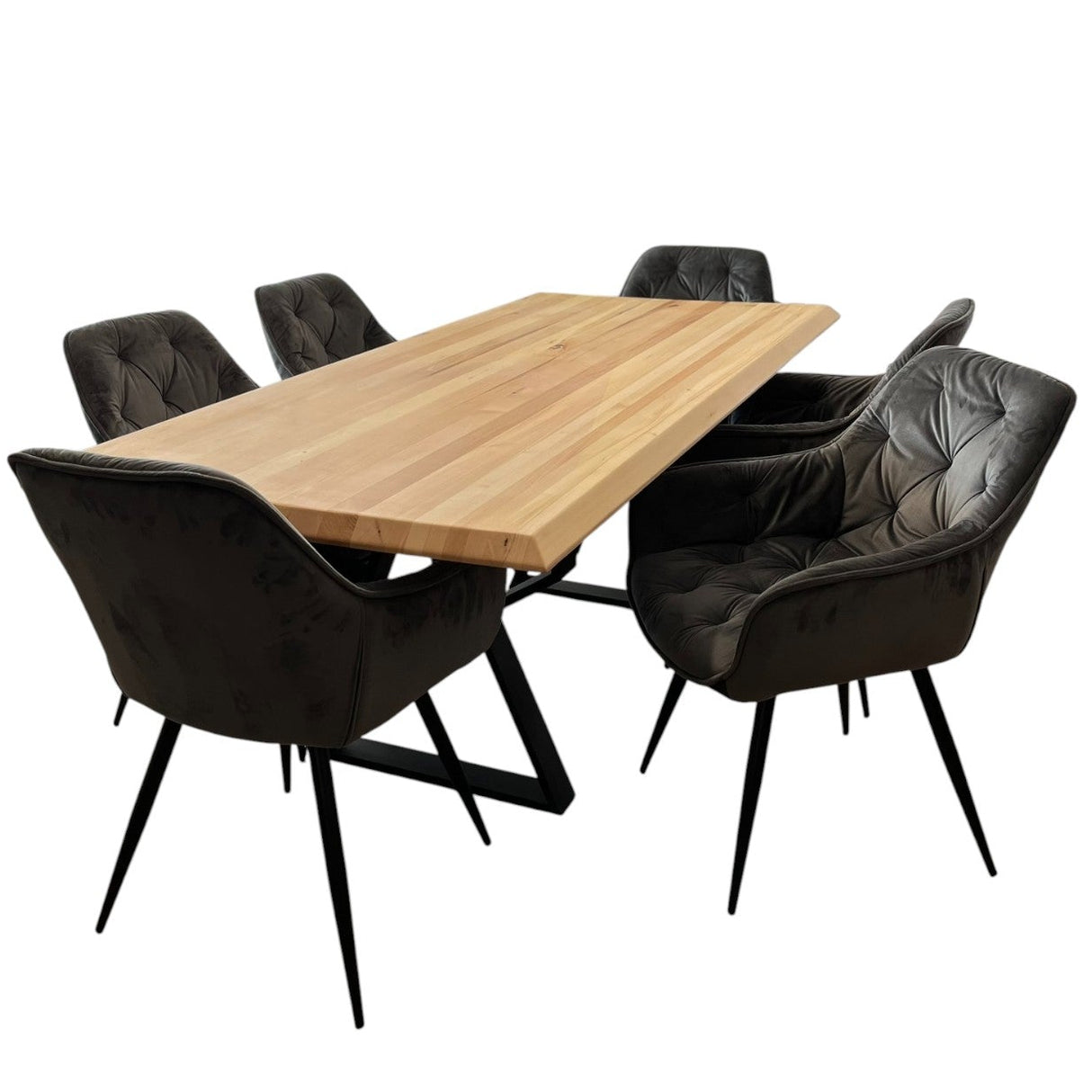 Set masa cu scaune bucatarie, dining,living, sufragerie, blat din lemn masiv cu picioare metalice, scaune husa gri, 6 persoane, IOANA