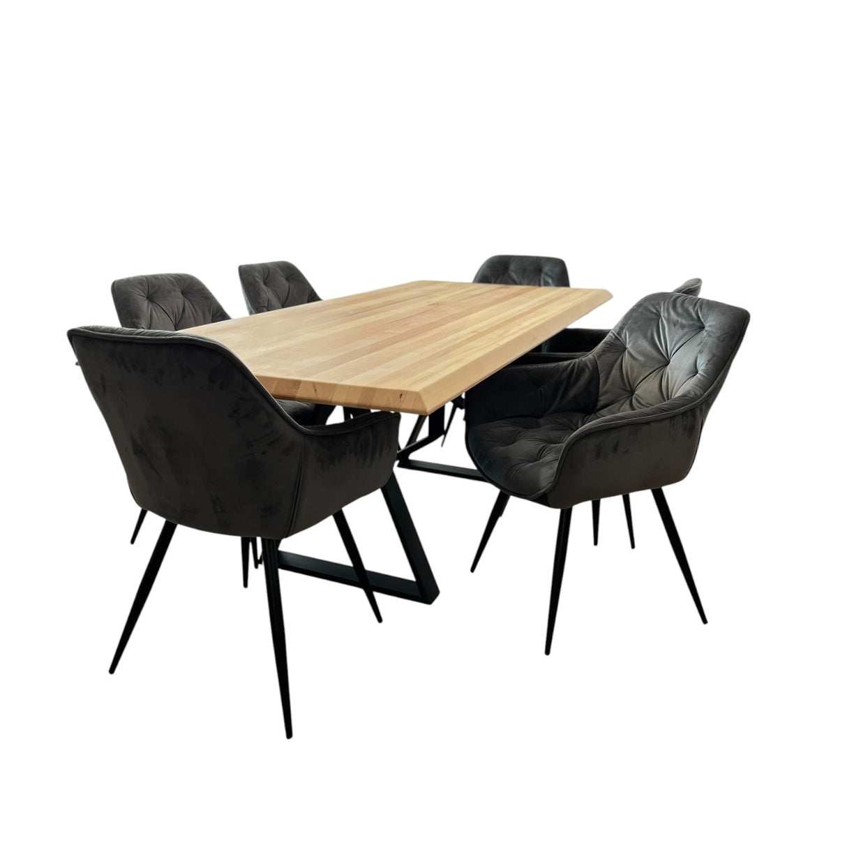 Set masa cu scaune bucatarie, dining,living, sufragerie, blat din lemn masiv cu picioare metalice, scaune husa gri, 6 persoane, IOANA