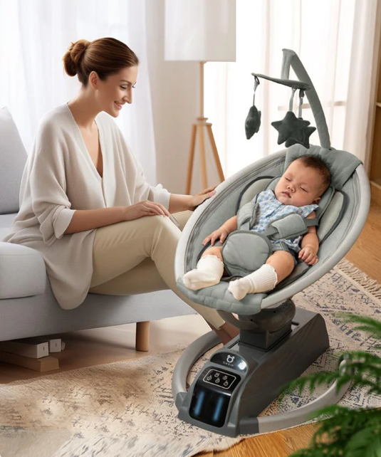 Leagan electric bebe, balansoar bebelusi, cu melodii, aplicatie monitorizare telefon,