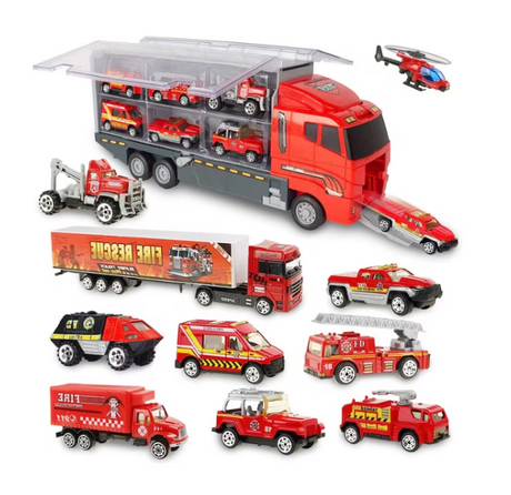 Set camion trailer de jucarie pentru transport , 7 piese, ambulanta, pompieri, , interactiva , red