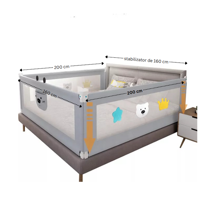 Set 3 bariere protectie culisante + STABILIZATOR pentru pat, inaltime reglabila 68-98 cm, 160 cm 180 cm 200 cm