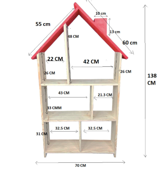 Bibliotecă tip căsuță din lemn, organizator birou cu 3 etaje, suport creioane, 138x70x18 cm