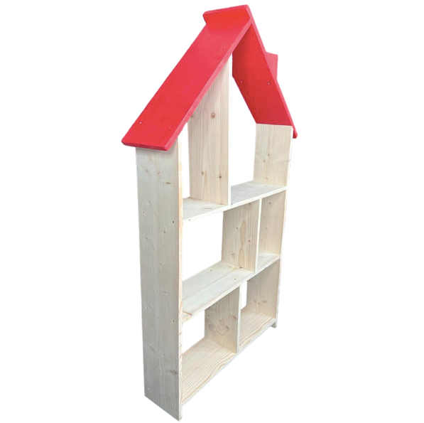 Bibliotecă tip căsuță din lemn, organizator birou cu 3 etaje, suport creioane, 138x70x18 cm