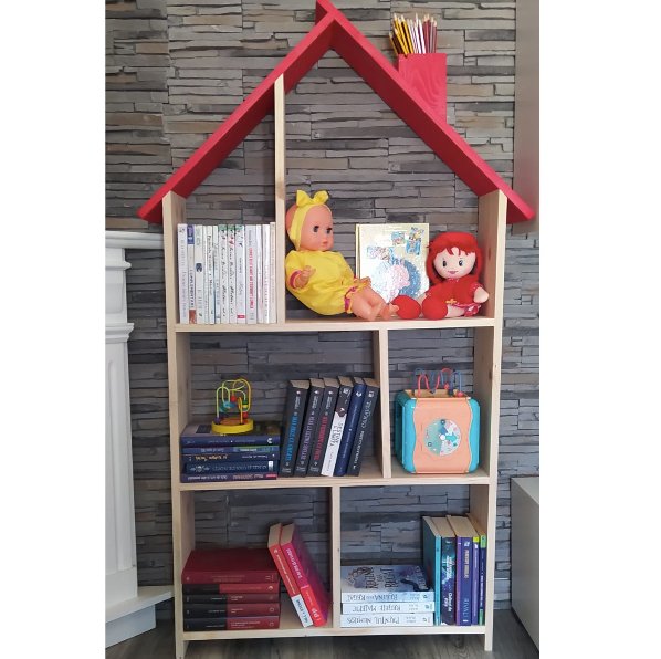 Bibliotecă tip căsuță din lemn, organizator birou cu 3 etaje, suport creioane, 138x70x18 cm