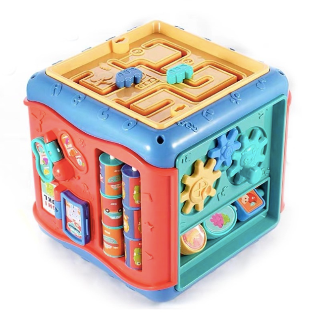Jucarie interactiva si educativa tip cub, 6in1, multifunctional, diferite jocuri, activitati, figuri geometrice, angrenaje rotative, forme de sortat, din plastic,ROZ/ALBASTRU