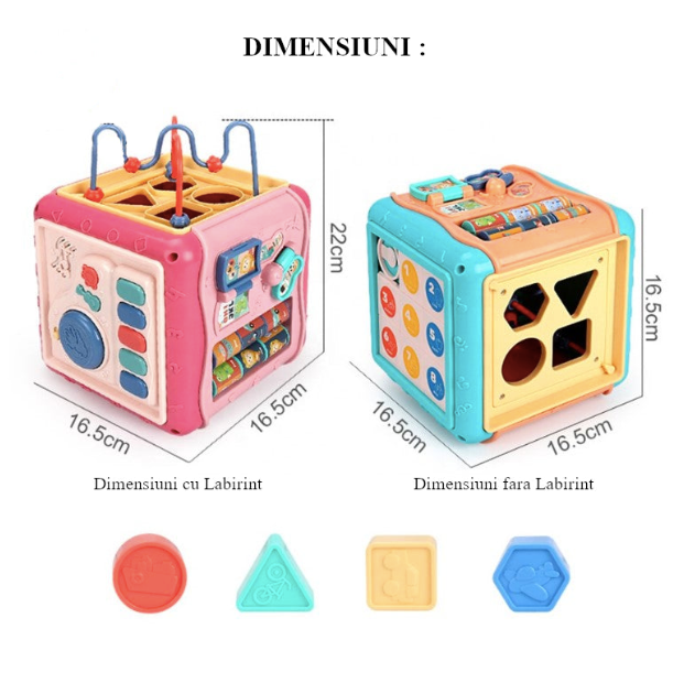 Jucarie interactiva si educativa tip cub, 6in1, multifunctional, diferite jocuri, activitati, figuri geometrice, angrenaje rotative, forme de sortat, din plastic,ROZ/ALBASTRU