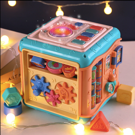 Jucarie interactiva si educativa tip cub, 6in1, multifunctional, diferite jocuri, activitati, figuri geometrice, angrenaje rotative, forme de sortat, din plastic,ROZ/ALBASTRU