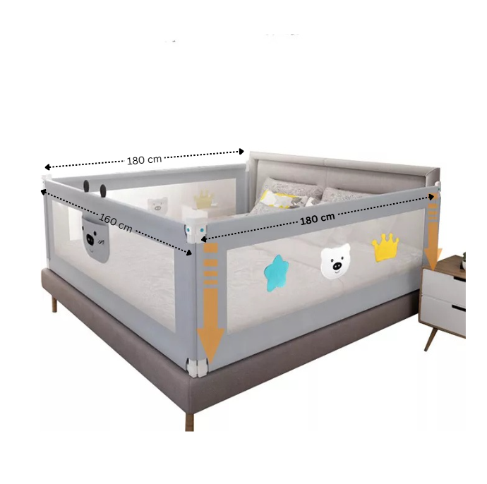 Set 3 bariere protectie culisante pentru pat, inaltime reglabila 68-98 cm, 160 cm 180 cm 200 cm