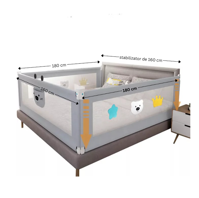 Set 3 bariere protectie culisante + STABILIZATOR pentru pat, inaltime reglabila 68-98 cm, 160 cm 180 cm 200 cm