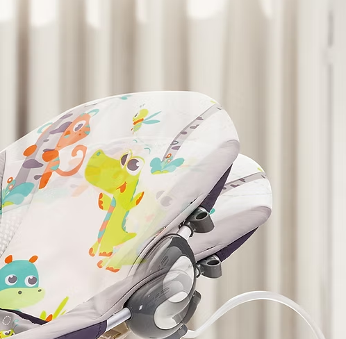 Leagan electric pentru bebe, cu vibratii si melodii, bara de activitati, ham reglabil, culoare gri turcoaz