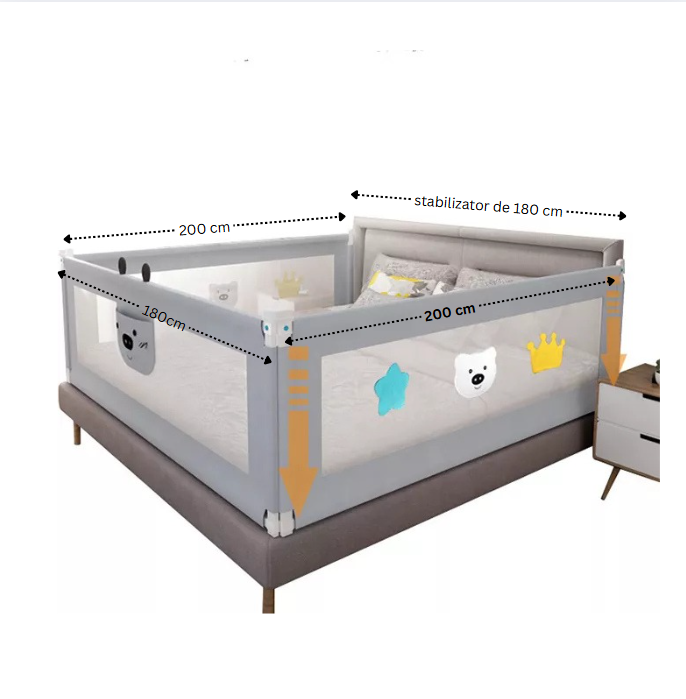 Set 3 bariere protectie culisante + STABILIZATOR pentru pat, inaltime reglabila 68-98 cm, 160 cm 180 cm 200 cm