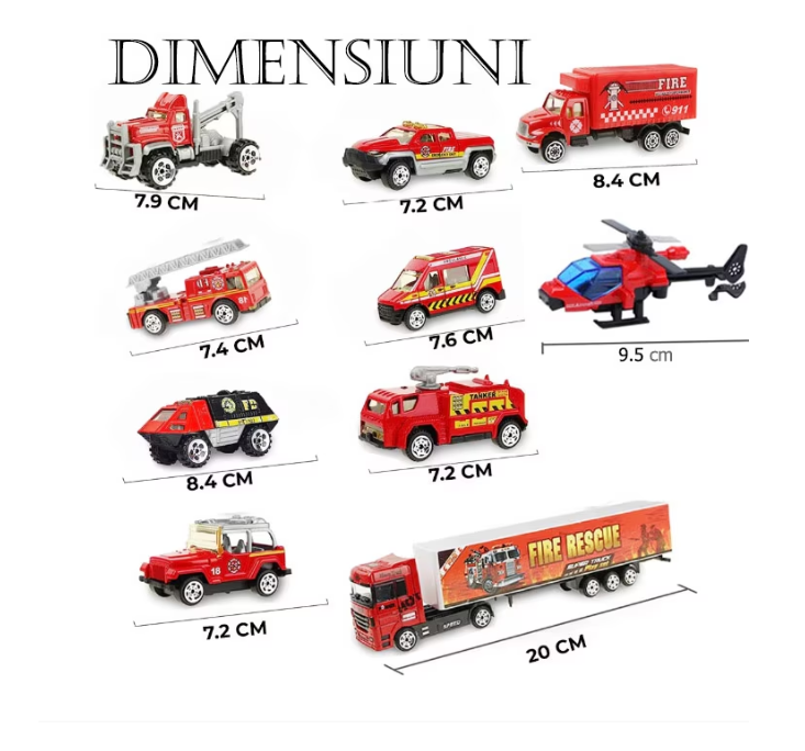 Set camion trailer de jucarie pentru transport , 7 piese, ambulanta, pompieri, , interactiva , red