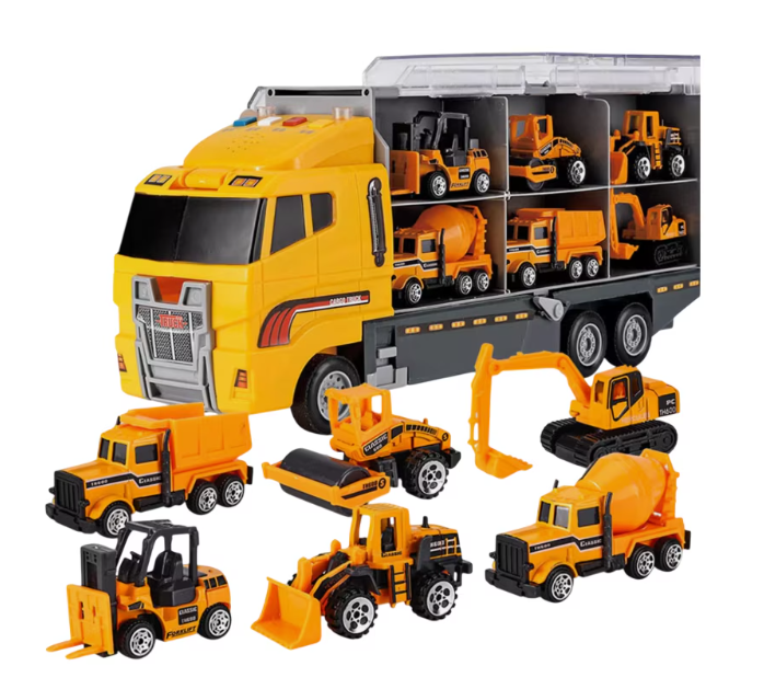 Set camion trailer de jucarie pentru transport , 7 piese, ambulanta, pompieri, , interactiva , red