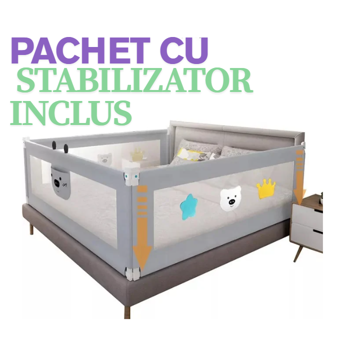 Set 3 bariere protectie culisante + STABILIZATOR pentru pat, inaltime reglabila 68-98 cm, 160 cm 180 cm 200 cm