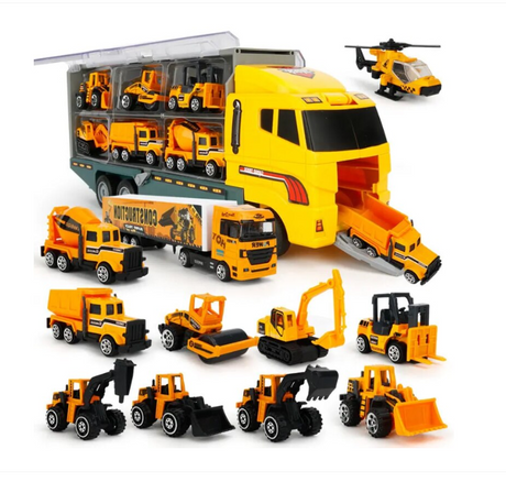 Set camion trailer de jucarie pentru transport , 7 piese, ambulanta, pompieri, , interactiva , red