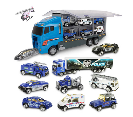 Set camion trailer de jucarie pentru transport , 7 piese, ambulanta, pompieri, , interactiva , red