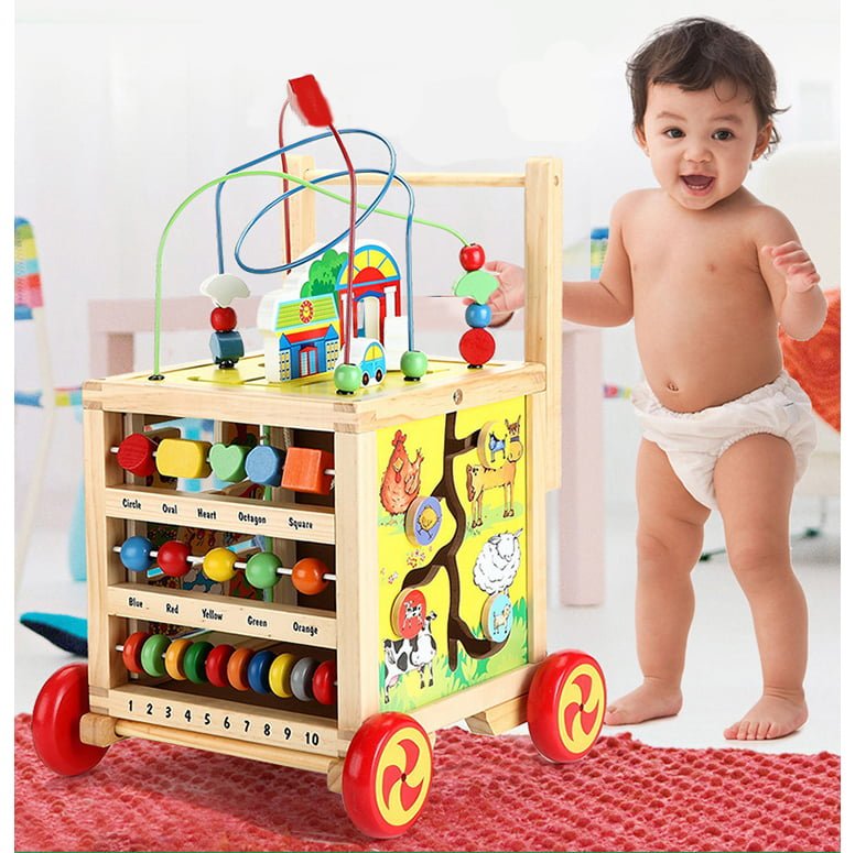 Antemergator, cub educativ woodwalker pentru copii, din lemn, multiple activitati, roti anti - alunecare, 27.5x27.5x55 cm - BUZ.RO