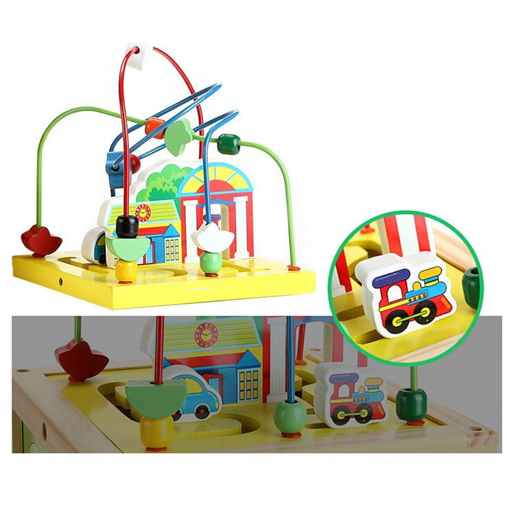 Antemergator, cub educativ woodwalker pentru copii, din lemn, multiple activitati, roti anti - alunecare, 27.5x27.5x55 cm - BUZ.RO