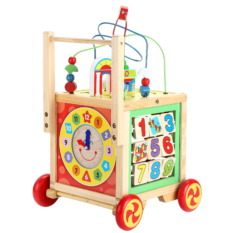 Antemergator, cub educativ woodwalker pentru copii, din lemn, multiple activitati, roti anti-alunecare, 27.5x27.5x55 cm