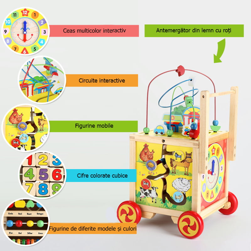 Antemergator, cub educativ woodwalker pentru copii, din lemn, multiple activitati, roti anti-alunecare, 27.5x27.5x55 cm