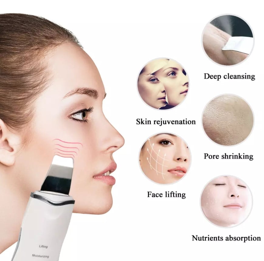Aparat curatare faciala, ultrasonic, lifting ten, indepartare puncte negre, hidratare, skin scrubber, peeling, alb - BUZ.RO