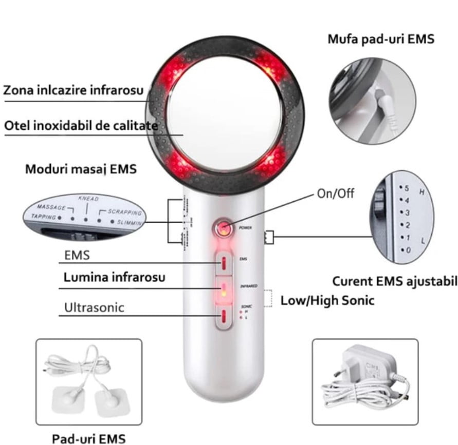 Aparat de slabit profesional cu tehnologie 6 in 1, EMS, ultrasonic, cu infrarosu, pentru fata si corp, terapie anti durere - BUZ.RO