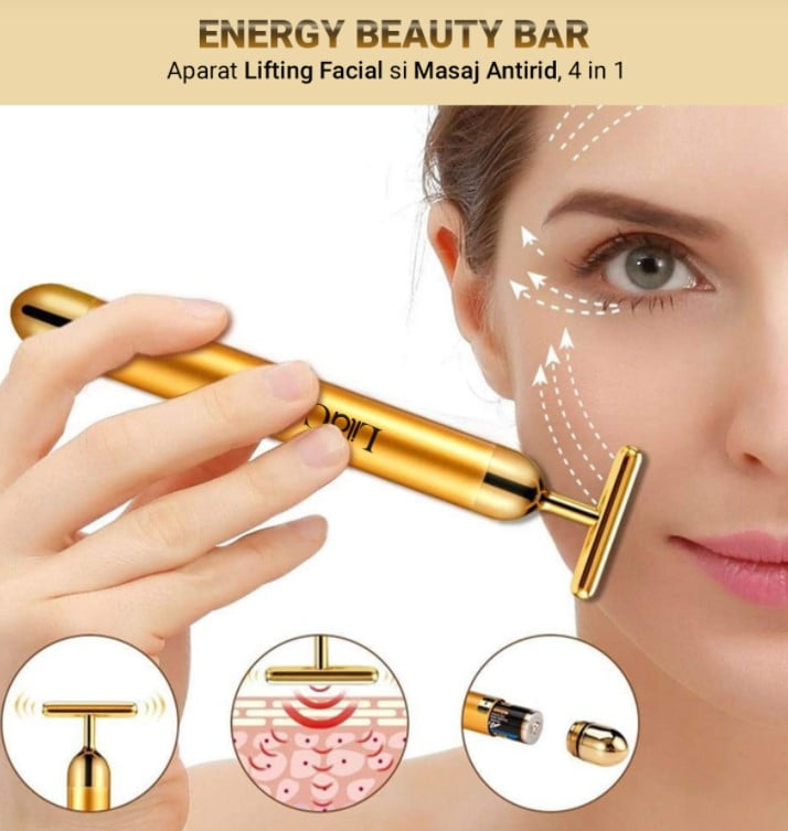 Aparat masaj facial anti-rid, energy beauty bar, 24K gold, efect de lifting si revitalizare a tenului electric