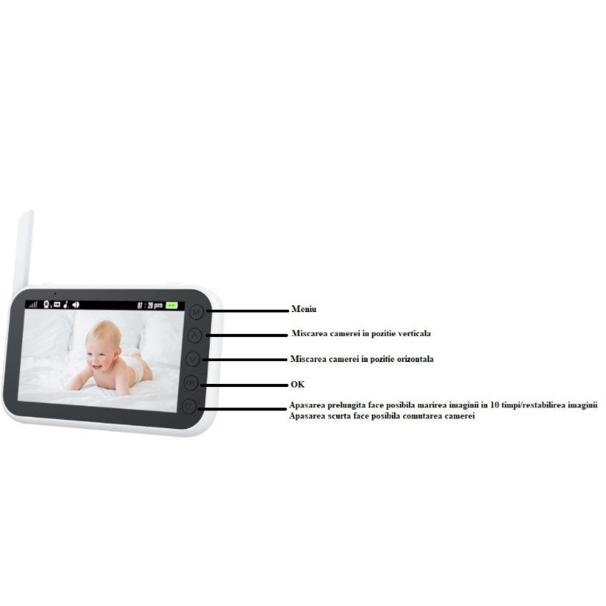 Baby monitor cu rotatie, 360 de grade, pentru camera copilului, monitorizare video bebelusi pentru interior, vedere pe timp de noapte, audio, bidirectional, transmisie wireless, alb - BUZ.RO