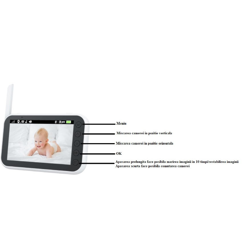 Baby monitor cu rotatie, 360 de grade, pentru camera copilului, monitorizare video bebelusi pentru interior, vedere pe timp de noapte, audio, bidirectional, transmisie wireless, alb