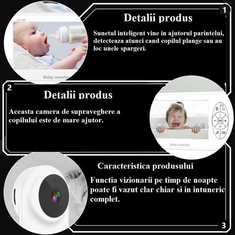 Baby monitor pentru camera copilului , Wireless , HD 1080P si 4.3 inch, audio, bidirectional, senzori, viziune de noapte IR, 6 cantece, alb
