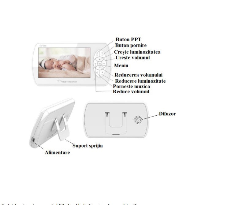 Baby monitor pentru camera copilului , Wireless , HD 1080P si 4.3 inch, audio, bidirectional, senzori, viziune de noapte IR, 6 cantece, alb