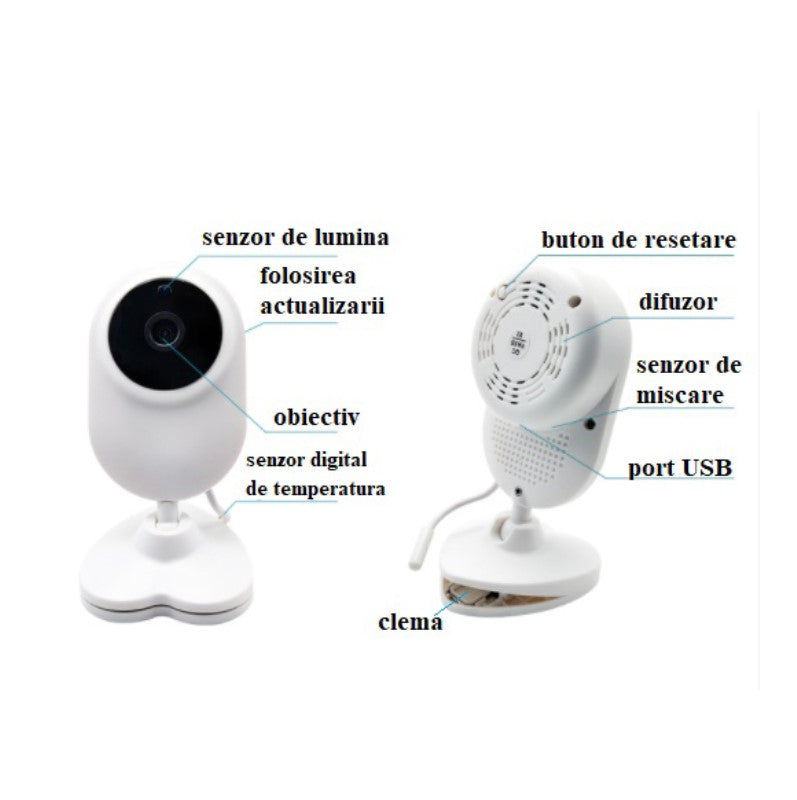 Baby monitor pentru camera copilului , Wireless , HD 1080P si 4.3 inch, audio, bidirectional, senzori, viziune de noapte IR, 6 cantece, alb