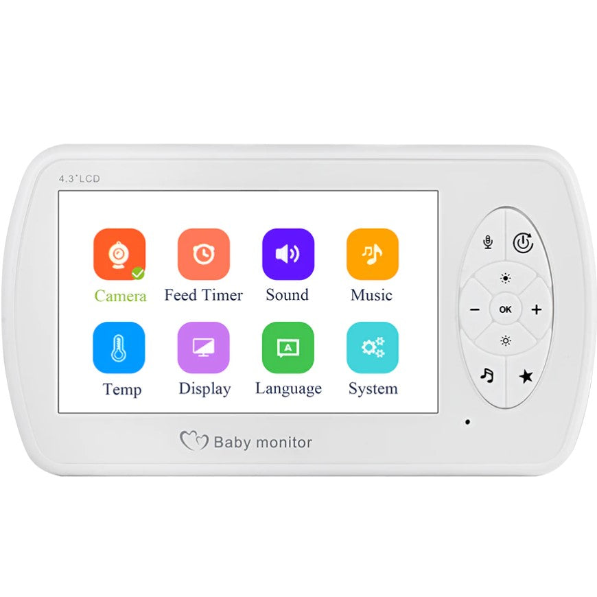 Baby monitor pentru camera copilului , Wireless , HD 1080P si 4.3 inch, audio, bidirectional, senzori, viziune de noapte IR, 6 cantece, alb